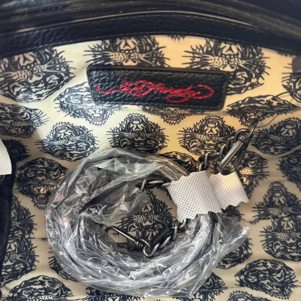 Ed Hardy Satchel Handbag Black Pink Skull Hearts Rhinestone Vegan Leather Purse